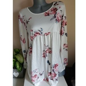 Fansic White and Pink Floral Loose Fitted Blouse